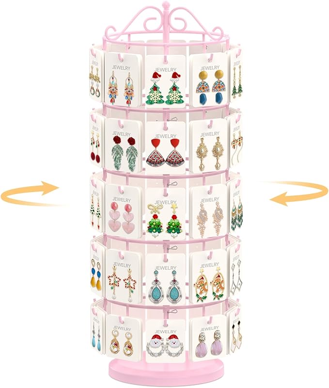 EsLuker.ly Earring Holder Organizer Rotating Display Tree Stand, Adjustable Height Earring Card Hanger Rack with 50 Hooks for Vendors Market Selling, 5 Tier Metal Jewelry Storage Tower, Pink