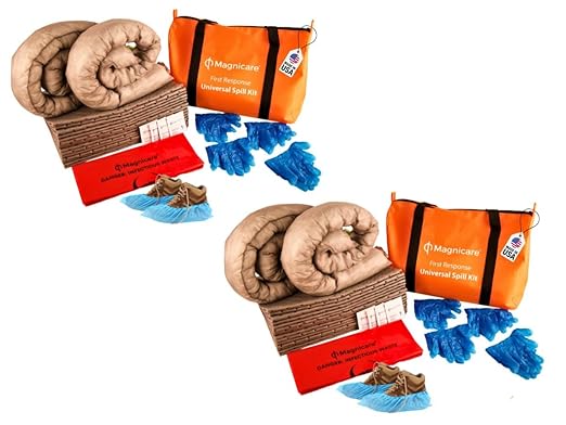 Universal Spill Kit OSHA Approved| 2 Pack - Biohazard Clean up Kit for Oil, Water & Chemicals | Absorbent Pads, Socks, PPE, Biohazard Bags in Bright Orange Duffel Bag - 2 Pack