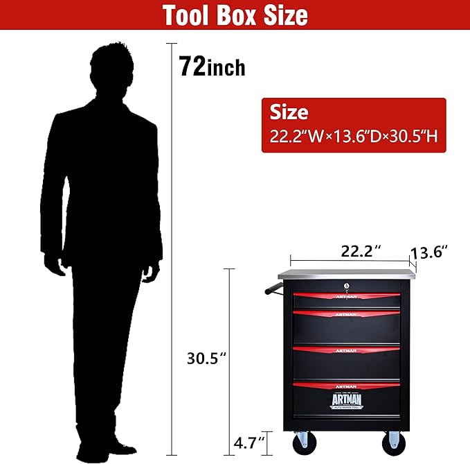 4 Drawers Tool Cart on Wheels with Stainless Steel Worktop, Heavy Duty Mobile Rolling Drawer Tool Chest with Locking Wheels & Lockable Drawers, Garage Tool Storage Cabinet (Black, 4 Drawers)