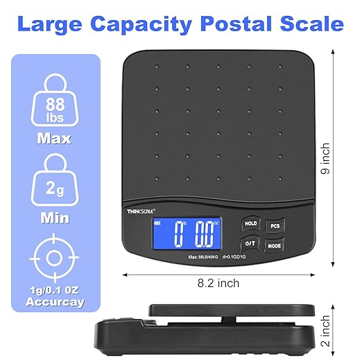 THINKSCALE 88lb Shipping Scale, 0.1oz Precision, Digital Postal Scale with Large LCD, Hold/Tare/Piece Counting, 5 Units, Dual Power (Battery/AC), Black