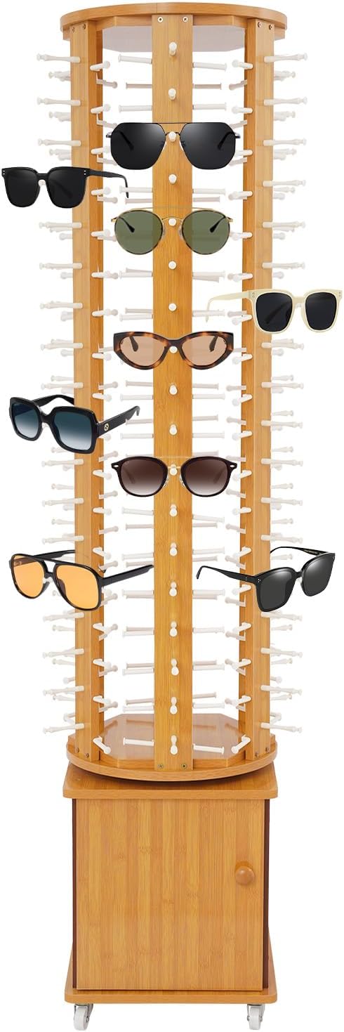Sunglasses Display Stand, 108 Pairs Wooden 360° Rotating Sunglass Eyeglass Holder Organizer, Glasses Hanger Storage Rack for Retail Commercial Display, L14.2*H66.1in, Brown