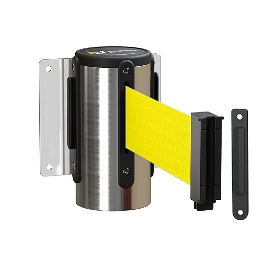 Montour Line WM115 Wall Mounted Retractable Belt Barrier with Standard Belt End, Fixed Mount, Polished Stainless Steel Casing (13 ft Fluorescent Yellow Belt)