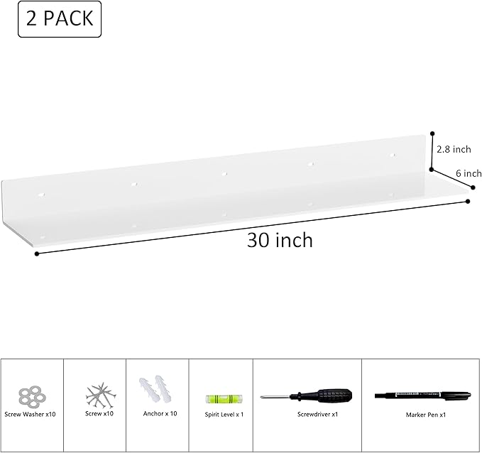 30 Inch White Floating Shelves for Wall Décor, Acrylic Storage Wall Shelf Holder, Wall Mounted Home Organizer Shelves with a Free Screwdriver, 2 Pack(30 Inch)
