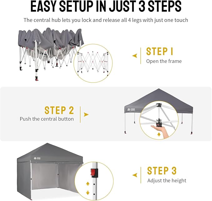 CROWN SHADES 10X10 Comercial Instant Canopy Pop Up Tent with Center Lock, 300D Fabric, 4 Sidewalls, Sto'N Go Bag, Grey