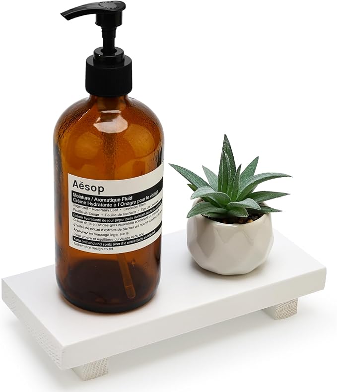 White Bathroom Counter Tray Organizer Small Wooden Risers Pedestal Stand Kitchen Soap Dish Dispenser Holder for Bathroom Counter Decor Farmhouse Wood Bathroom Sink Accessories Modern Vanity Tray