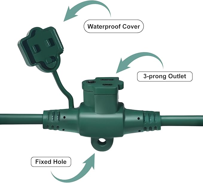 Oviitech 25FT Outdoor Extension Cord,5 Evenly-Spaced Outlet Plugs,Green Outdoor Power Strip,Multiple Outlets with Weatherproof Extension Cord.