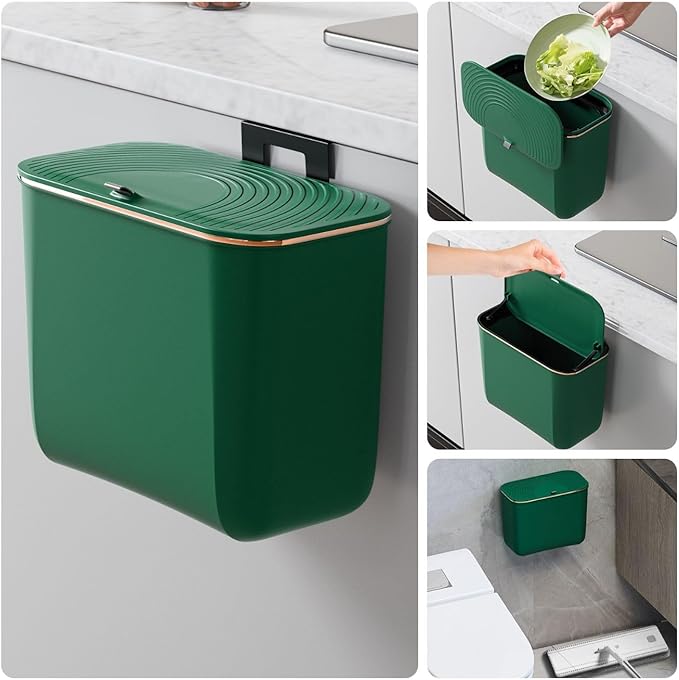 1.9 Gallon Hanging Trash Can - Small Under Sink Trash Can with Lid, Wall Mounted Garbage Bin for Kitchen & Bathroom Cupboard, Odor-Control, Extended Clamping Ring, Green