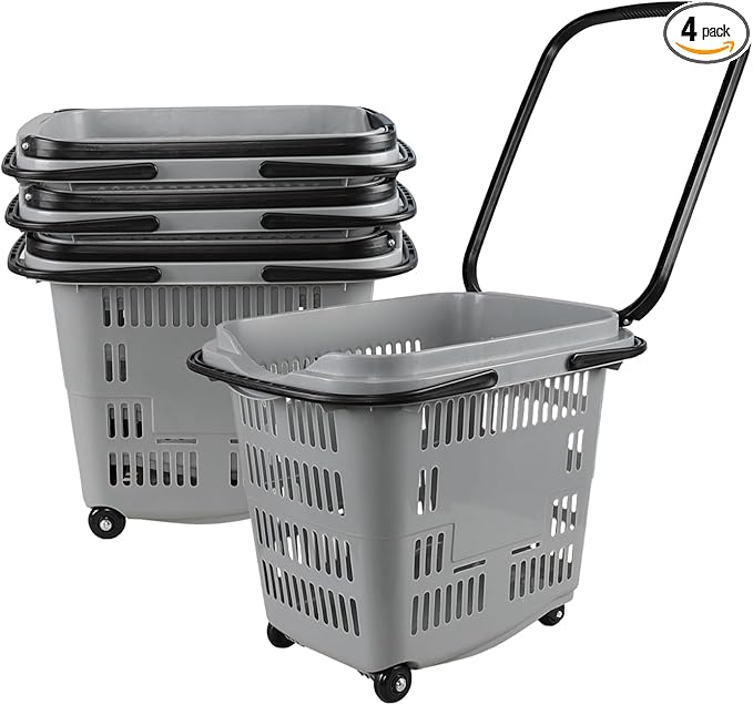 4-Pack Large Wheeled Shopping Basket with Carry Handle, 50 L Plastic Grocery Shopping Basket Gray
