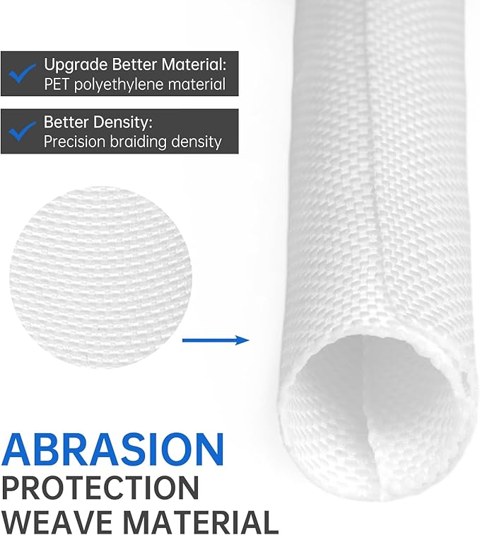 Split Braided Cable Sleeve，Flexible Wire Loom Tubing, Automotive Cord Protector Pet Proof, Cable Management for Computer TV Electric Wires Harness 16ft (White, 19mm（3/4")