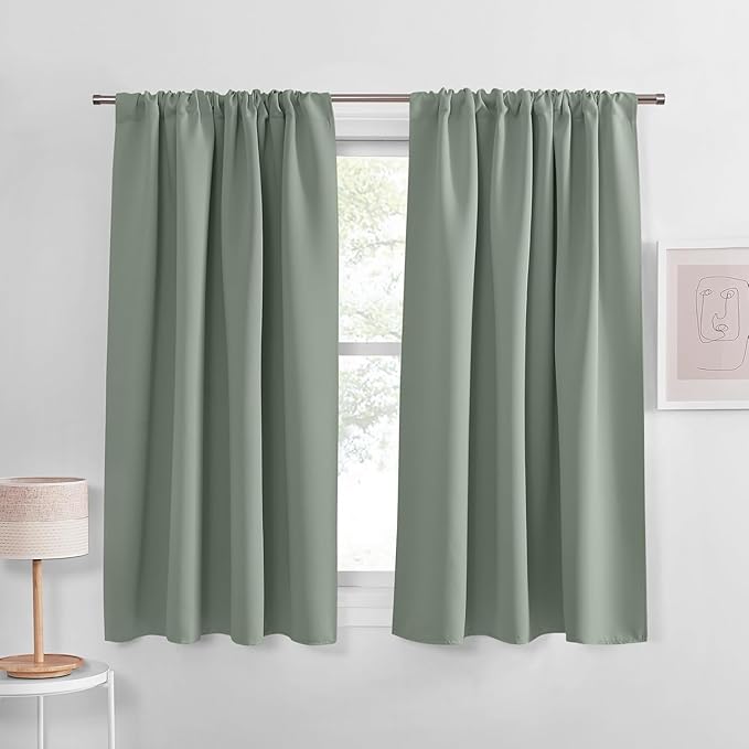 PONY DANCE Short Black Out Curtains 48 inch Long for Small Window, Rod Pocket Privacy Bathroom Draperies,Thermal Insulated Lighting Blocking Drapes for RV(2 Panels Set,Sage Green, W42 x L48 inches)