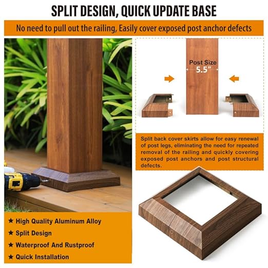 8 pcs 6"x6" (Actual: 5.5"x5.5") Aluminum Post Base Cover for Deck Railings, Stairs, Patios, Porches - Split Post Skirt (Walnut Wood)