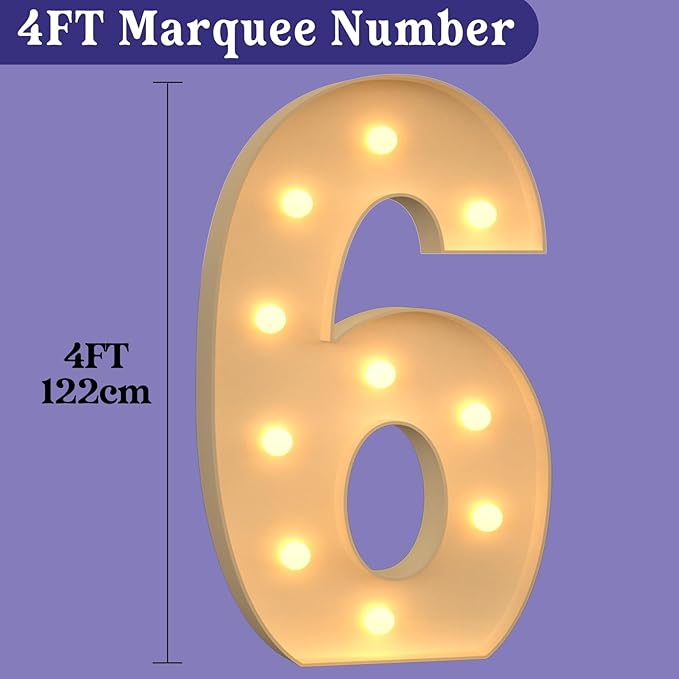 4FT Marquee Light Up Numbers, Large Marquee Numbers for 6th 16th 60th Birthday Decorations, Giant Light Up Numbers for Party Anniversary, Marquee Letters, Pre-Cut DIY Mosaic Numbers for Balloons 6