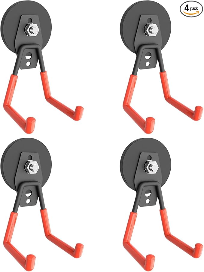 Heavy Duty Magnetic Garage Hook,4 Pack Strong Large Magnet Hooks for Power Drill,Garden Tools,Hose,Pegboard,Garage, Workshop,Magnetic Storage Hooks for Indoor Outdoor Hanging(Orange)