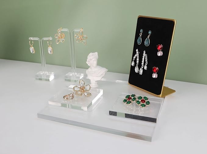 GemeShou Acrylic earring display risers for selling, Transparent jewelry display riser stand, clear ring riser tray for boutique store selling, Jewelry photo props【3.15 L x3.15 W x0.39 H inch 2pcs】