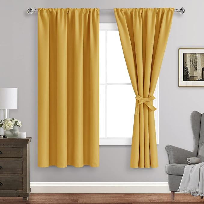 JIUZHEN Blackout Curtains for Bedroom - Thermal Insulated Room Darkening Rod Pocket Curtains for Living Room, Set of 2 Panels with Tiebacks, 38 x 63 Inch Length, Mustard Yellow