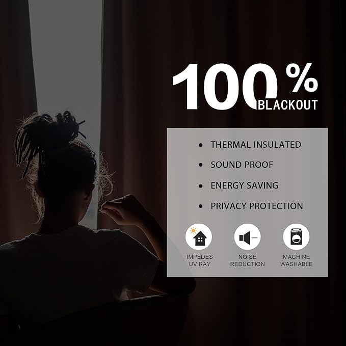 DUALIFE 96 Inch Curtains 2 Panel Set Farmhouse Blackout Heat Reducing Sun Block Out Curtains for Bedroom Dorm UV Blocking Noise Canceling Burlap Linen Look Drapes Rod Pocket Back Tab,50 X 96 Black