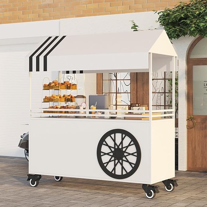 MATISUN Portable Vendor Cart with Canopy, Mobile Food Cart with Lockable Wheels for Market, Street Food & Events (White)