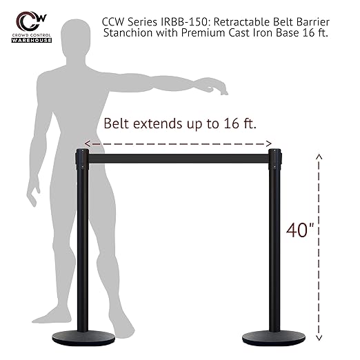 Montour Line MI650 Set of 2 Retractable Belt Barrier Stanchion, Cast Iron Base, Orange Post (16 ft Orange Belt)