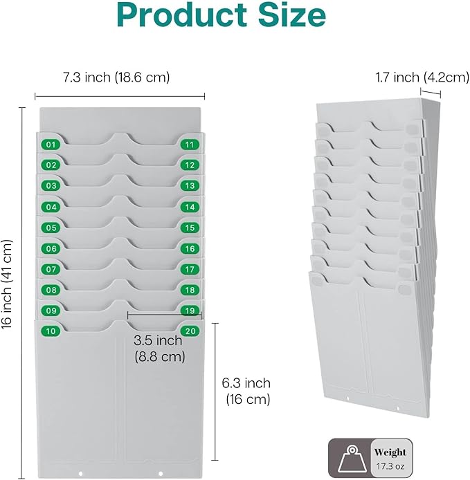 Flexzion Time Card Holder Wall Mount Expandable Time Clock Rack Double Row 20 Slot Rack Card Holder for 7 x 3.46-Inch Timesheets for Attendance Payroll Employee Assignment in Out Timecard Rack, Gray
