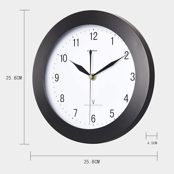 Atomic Wall Clock，US Auto Calibration Time 10 Inch Round Clock, Battery Operated