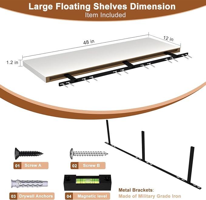 12 Inch Deep Floating Shelves for Wall 3 Pack Floating Shelfs Large Storage Space Wall Decor Display Shelf for Bathroom Living Room Bedroom Kitchen 48" W x 12" D x 1.2" H White