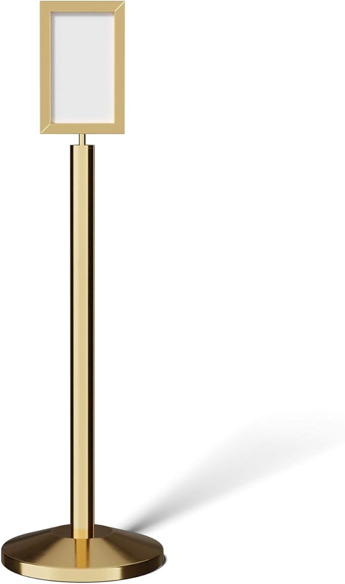 Crowd Control Warehouse Pedestal Standing Floor Sign Frame with Sloped Base, 7x11 Inch Vertical, Polished Brass