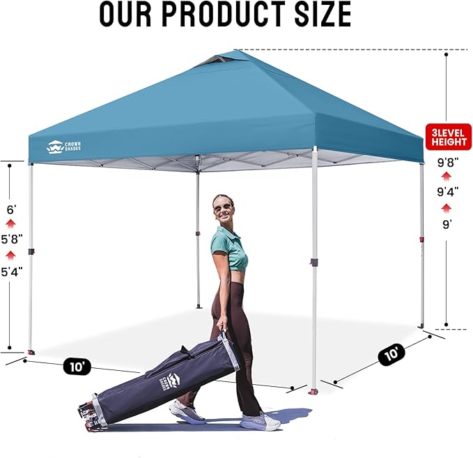 CROWN SHADES 10x10 Pop Up Canopy - Beach Tent with One Push Setup - Easy Outdoor Sun Shade for Events, Parties, Camping - Gazebo with STO-N-Go Cover Bag, Silver Coated Top, Cyan Blue