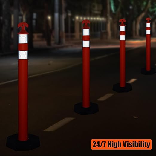 Traffic Delineator Post Cones with Heavy-Duty Octagonal Rubber Base, Channelizer Post Kit for Road Construction Work, Traffic Guidance, Garage Parking, Crowd Control (9, 42")