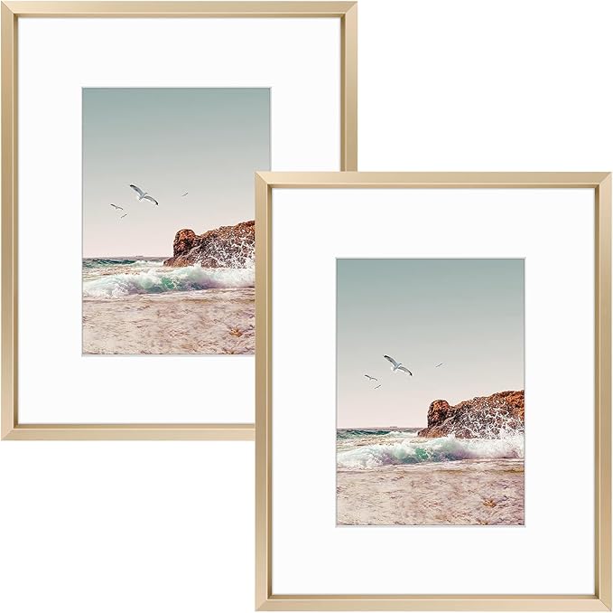Frametory, 8x10 Metal Picture Frame with Mat for 5x7 Picture & Real Glass, Aluminum Photo Frame Collection (Gold, 2 Pack)