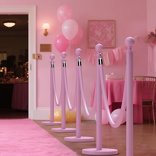 kaiyomi 6Pcs Stanchions with Pink Velvet Ropes Set, 5 Feet Velvet Ropes and Posts Poles for Red Carpet Party Decoration and 360° Photo Booth (Pink)