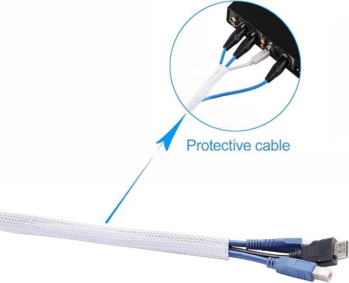 1/2" x25ft Braided Cable Sleeve – Split Self-Wrapping Wire Loom Tubing for USB, Power, Audio/Video Cords – Chew-Resistant Cord Protector, White Expandable Sleeving