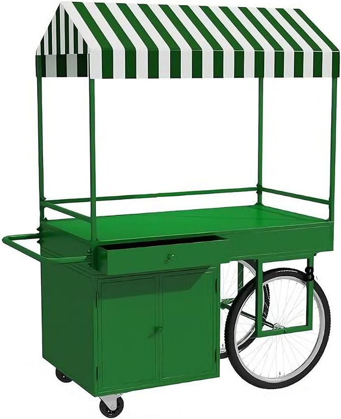 Food Cart for Business with Striped Canopy, Mobile Display Stand with Storage Drawers, for Street Food, Farmers Markets, Outdoor Events (Green, 47.24 * 27.56 * 78.74in)