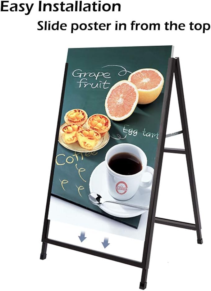 24x36 Inches Double Sided Heavy Duty Slide-in Folding A-Frame Sidewalk Curb Sign Stand Display Poster Boards Poster Holder Frame Chalkboard Sign, (Black-Metal)