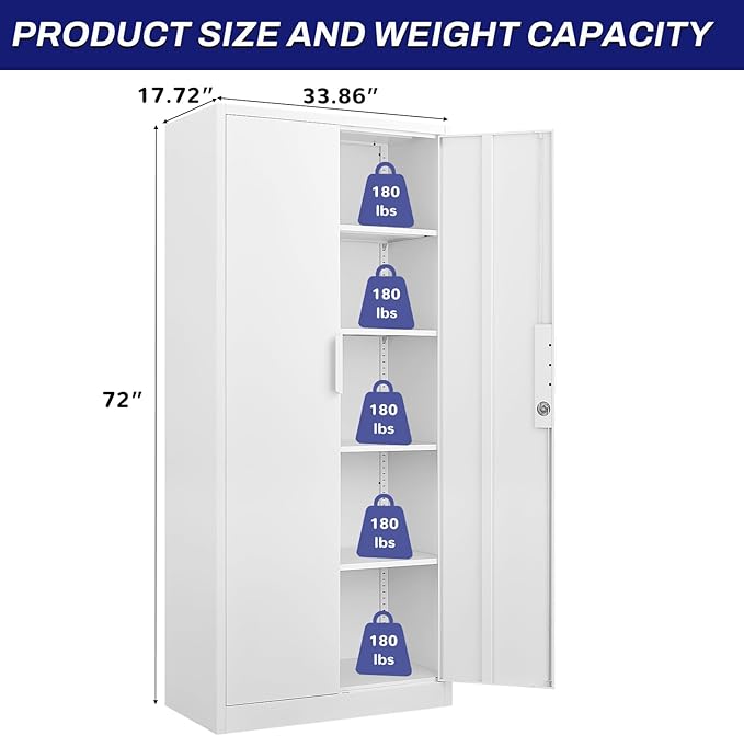 LUCYPAL Garage Storage Cabinets with Lock Doors,Metal Garage Storage Cabinets with 4 Adjustable Shelves for Home,Office, Warehouse(White)