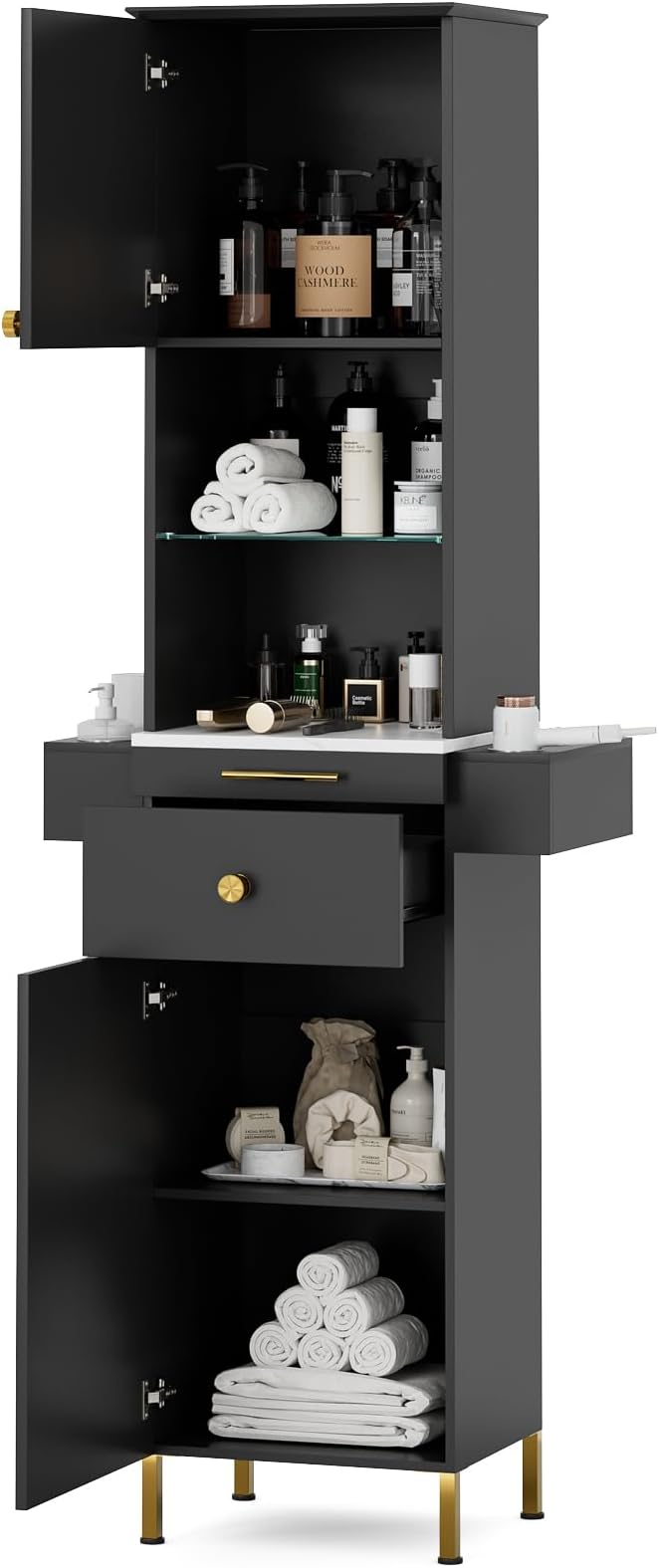 Salon Stations for Hair Stylist, Barber Station w/Glass Shelf & Golden Handles, Hair Salon Station Beauty Salon Spa Equipment w/6 Hair Dryer Holders, 2 Storage Cabinet & Drawers(Black)