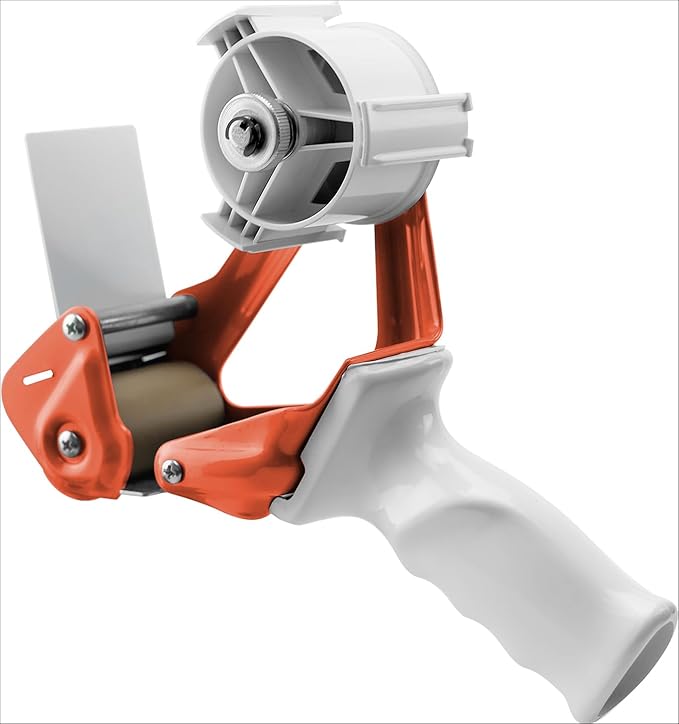 Heavy Duty Metal Frame Orange Packing Tape Dispenser 3 Inch Core with Special Ergonomic Handle, Tape Gun for Packing Boxes with Premium Tempered Steel Blade - for 2 inch Wide Roll