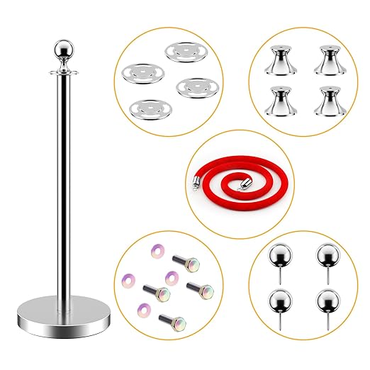 LOVMOR Crowd Control Stanchion, Rope Safety Barriers with 5 ft Red Rope, Red Carpet Poles for Theaters Hotels Clubs Party Ceremony, 4PCS