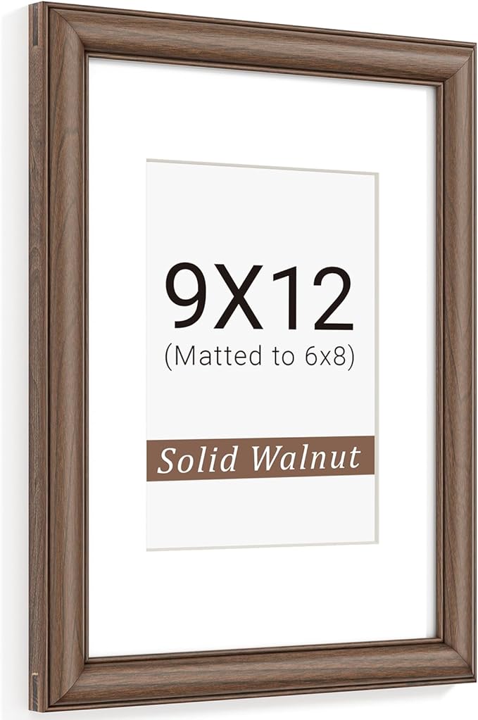 Natural Walnut 9x12 Picture Frames Mat to 6x8 Picture Display,Original Wood Handcrafted Photo Frame,Wooden Frame 9x12 with Tempered Glass Graduation Family Wedding Pictures Tabletop & Wall Decor