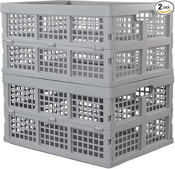 Hespapa 35 Quart Folding Crates, Plastic Collapsible Storage Container Milk Crate Baskets(Grey, 2 Pack)