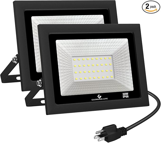 GLORIOUS-LITE LED Flood Lights Outdoor, 100W 10000LM Outside LED Work Light with Plug, 6000K Daylight White, IP66 Waterproof Portable Spot Security Lights for Garage, Yard, Garden, Playground(2 Pack)