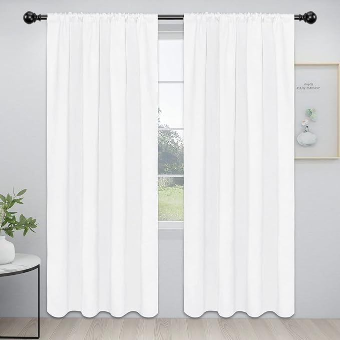 Easy-Going Rod Pocket Blackout Curtains for Bedroom, Room Darkening Window Curtains for Living Room, Thermal Insulated Noise Reduction Solid Window Drapes, 2 Panels(52x84 in, White)