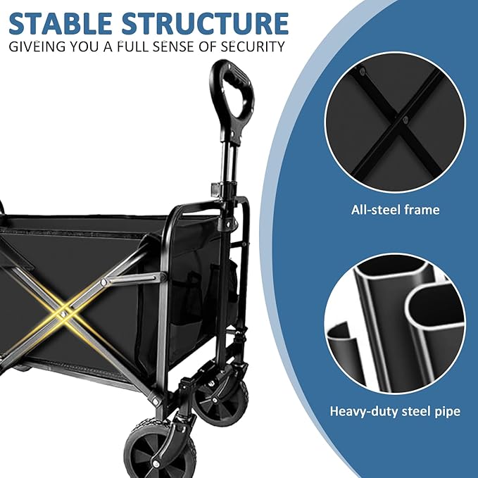 Collapsible Utility Cart Folding Wagon, 220 lbs Capacity Lightweight Rolling Cart with Quiet Wheels, Quick-Fold Design for Camping, Shopping, Ourdoor Use, Black