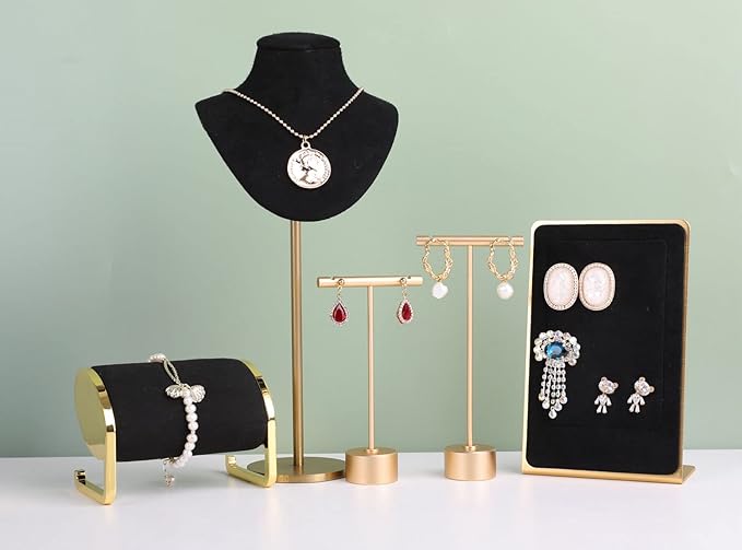 GemeShou Gold Metal Small Earring T Bar Stand Retail Display Holder, Retail Jewelry photography props for Show【Gold-Round Base Height 4.5"】