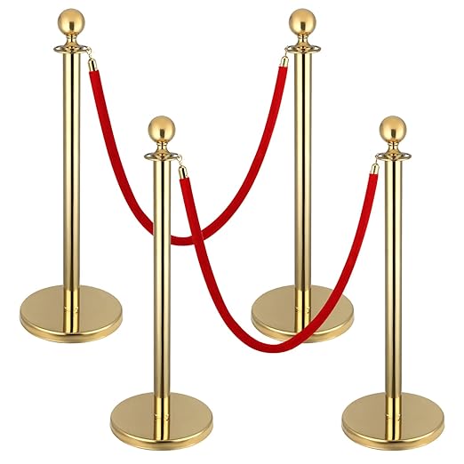 4Pack Stanchions and Velvet Ropes, 5 ft Red Velvet Rope and Poles, Red Carpet Ropes and Poles Set, Gold Stainless Steel Stanchion Posts Red Carpet Runner Poles for Party Supplies