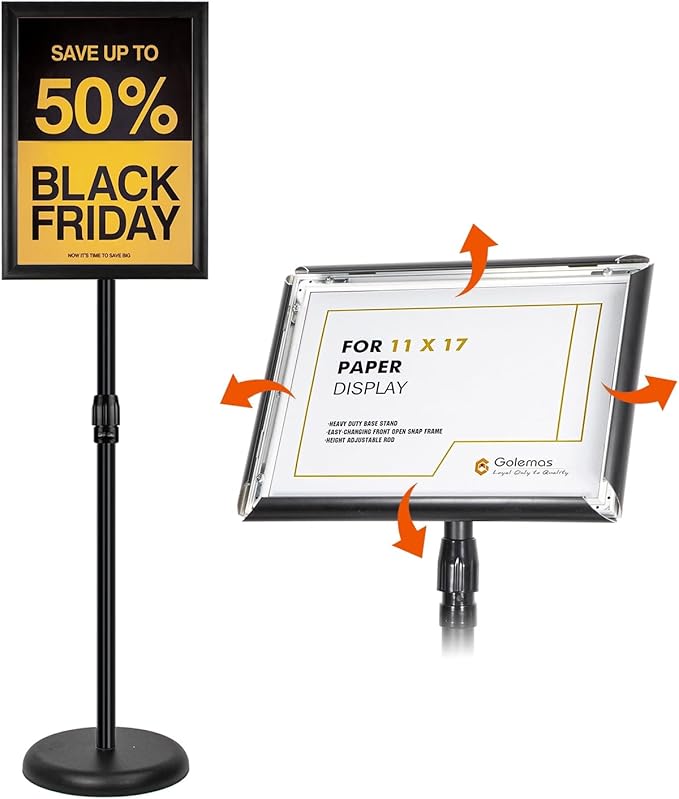 Adjustable Sign Stand for Display, Pedestal Floor Signage Stand Holder with Heavy Duty Base, for Outdoor or Indoor Advertising (11 x 17, Black)