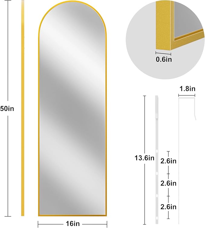Full Length Door Mirror, Wall Mounted Wall Mirrors, 50"X16" Arched Behind Door Mirror for Use in Living Rooms, Rooms, Bedrooms, Cloakrooms, etc. Durable & Stylish Home Decor (Gold).