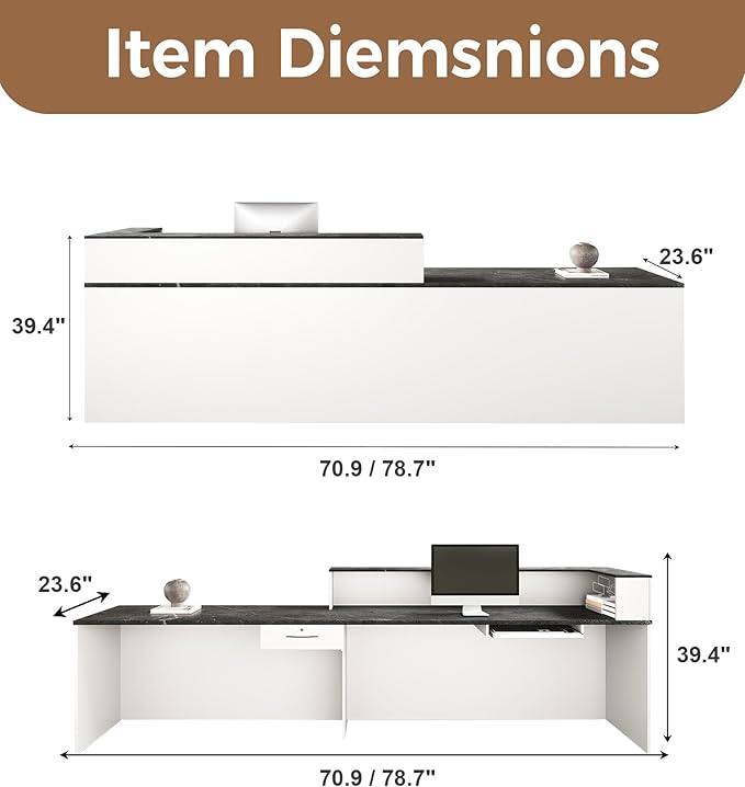 Modern L-Shaped Reception Desk with Counter – 71" Front Desk Reception Room Table with Lockable Drawer & Keyboard Tray for Office, Salon, Lobby, Checkout (White + Black, Right)