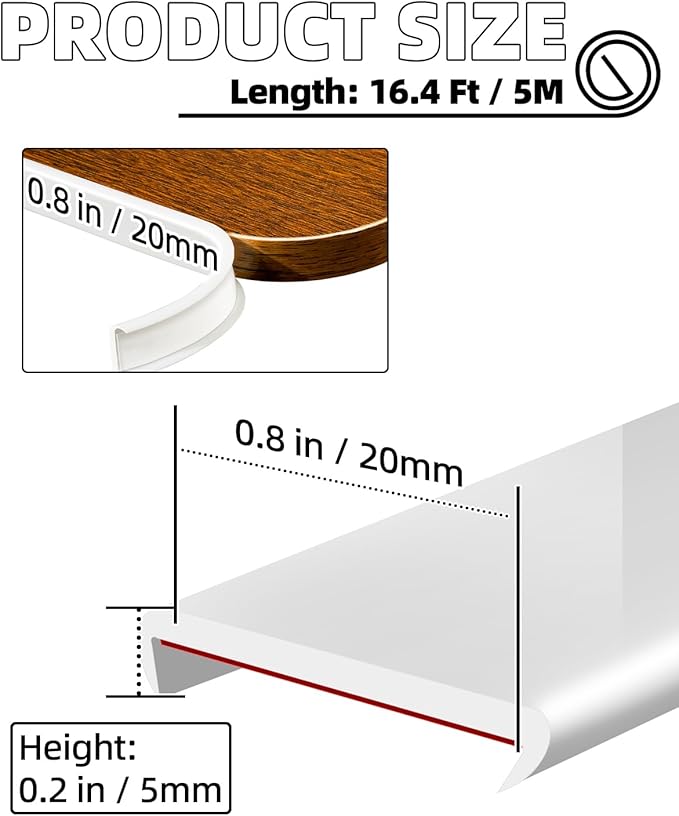 U-Shape White TPE Edge Banding 16.4Ft Self-Adhesive Flexible Edge Trim, Furniture Edge Protector & Countertop Molding (W:0.8'' H:0.2'')