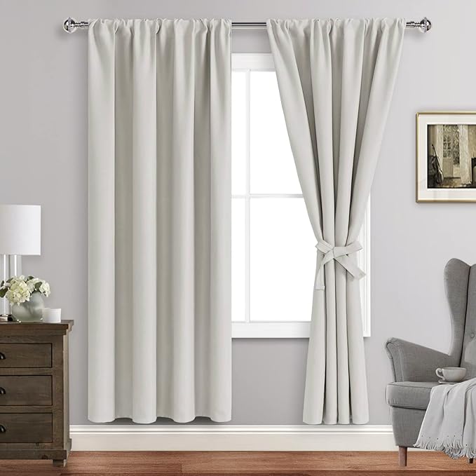 JIUZHEN Blackout Curtains for Bedroom– Thermal Insulated,Noise Reducing Room Darkening Rod Pocket Curtains for Living Room, Set of 2 Panels with Tiebacks, 42 x 72 inch Long, Ivory