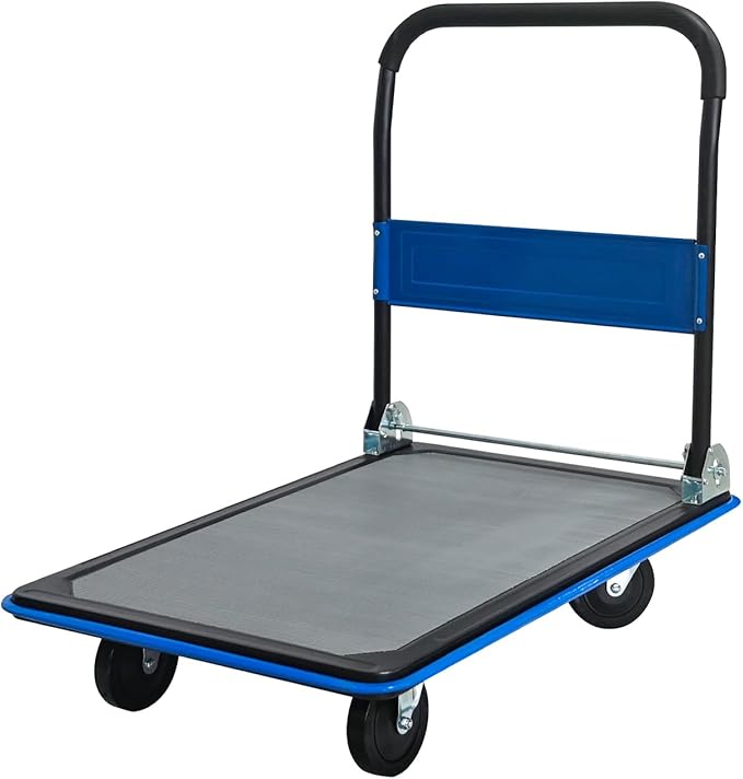 660lbs Large Size Heavy Duty Blue Flatbed Cart, Foldable Steel Platform Dolly with 360° Swivel Wheels, Silent Utility Push Hand Truck for Warehouse & Home